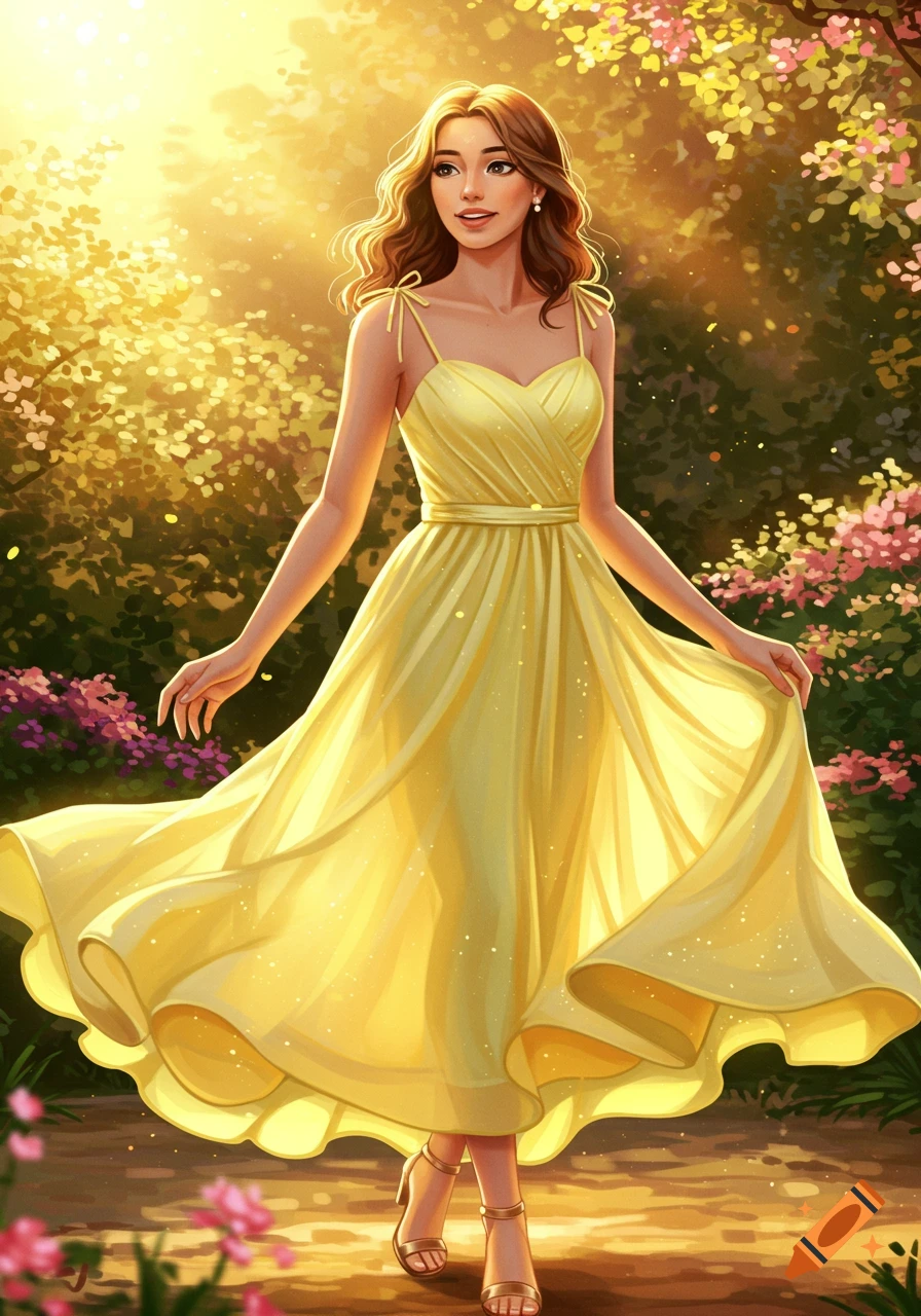 An illustrated woman in a flowing lemon yellow dress stands in a sunny, lush garden, smiling.