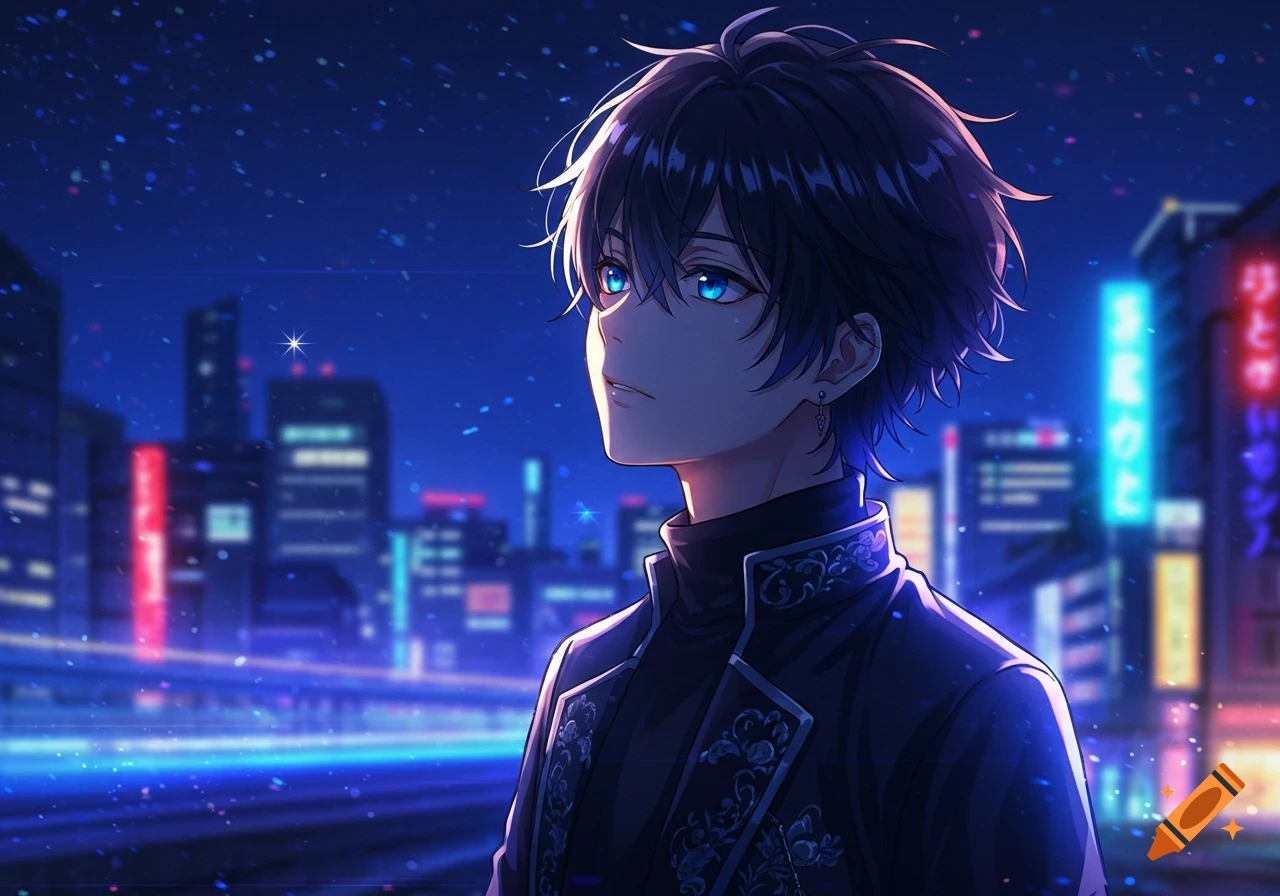 An anime boy with dark hair and bright blue eyes looks up in a neon-lit night city.