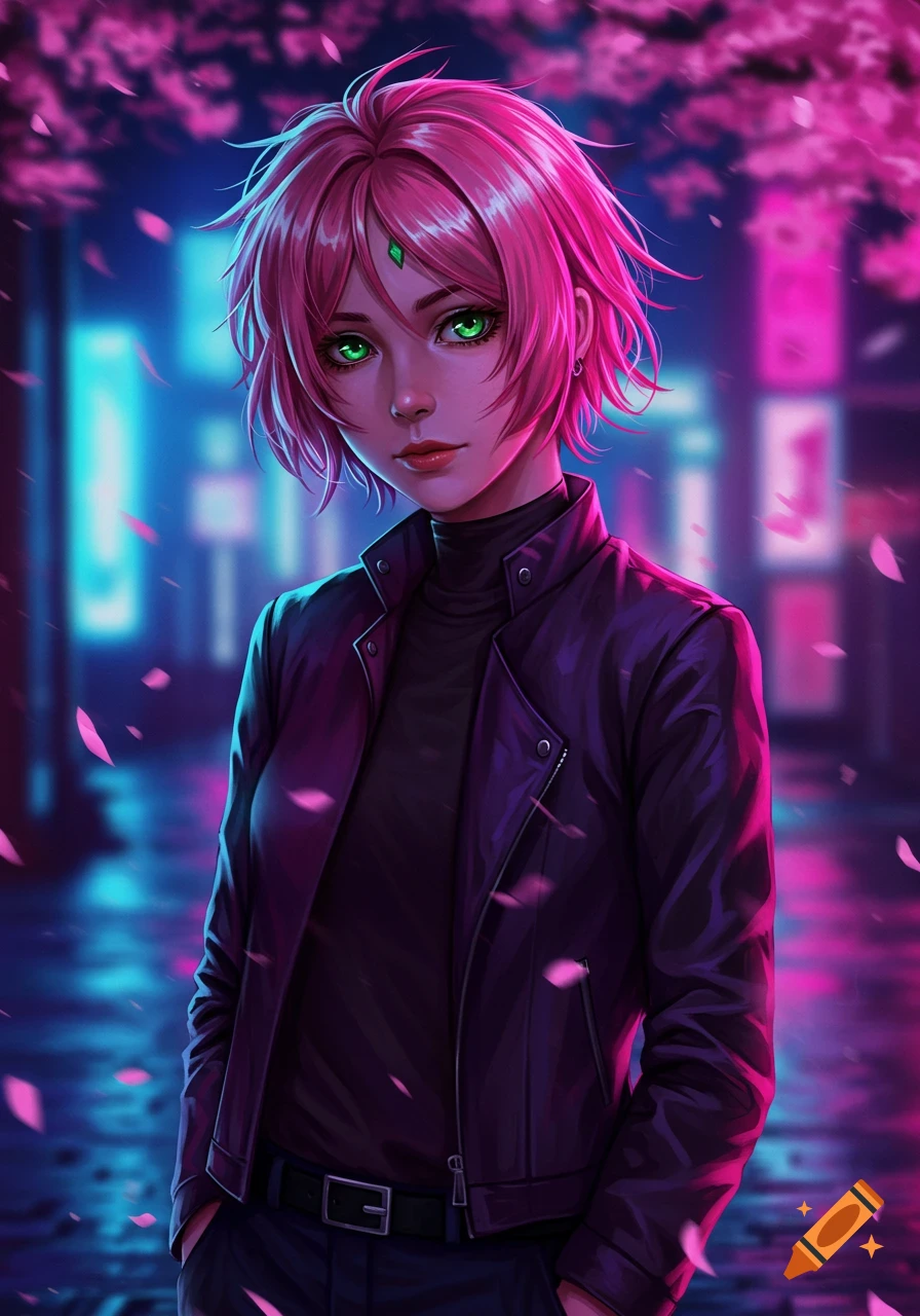 Anime girl with pink hair and green eyes in a black leather jacket on a neon-lit city street with falling pink petals.