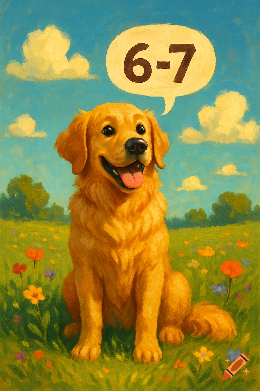 A smiling golden retriever sits in a flower field under a blue sky, with a speech bubble showing '6-7' in a painterly style.