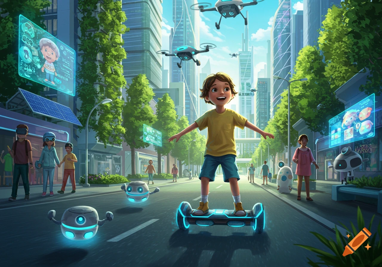 A joyful child rides a glowing hoverboard down a futuristic city street with drones, robots, and holographic displays.