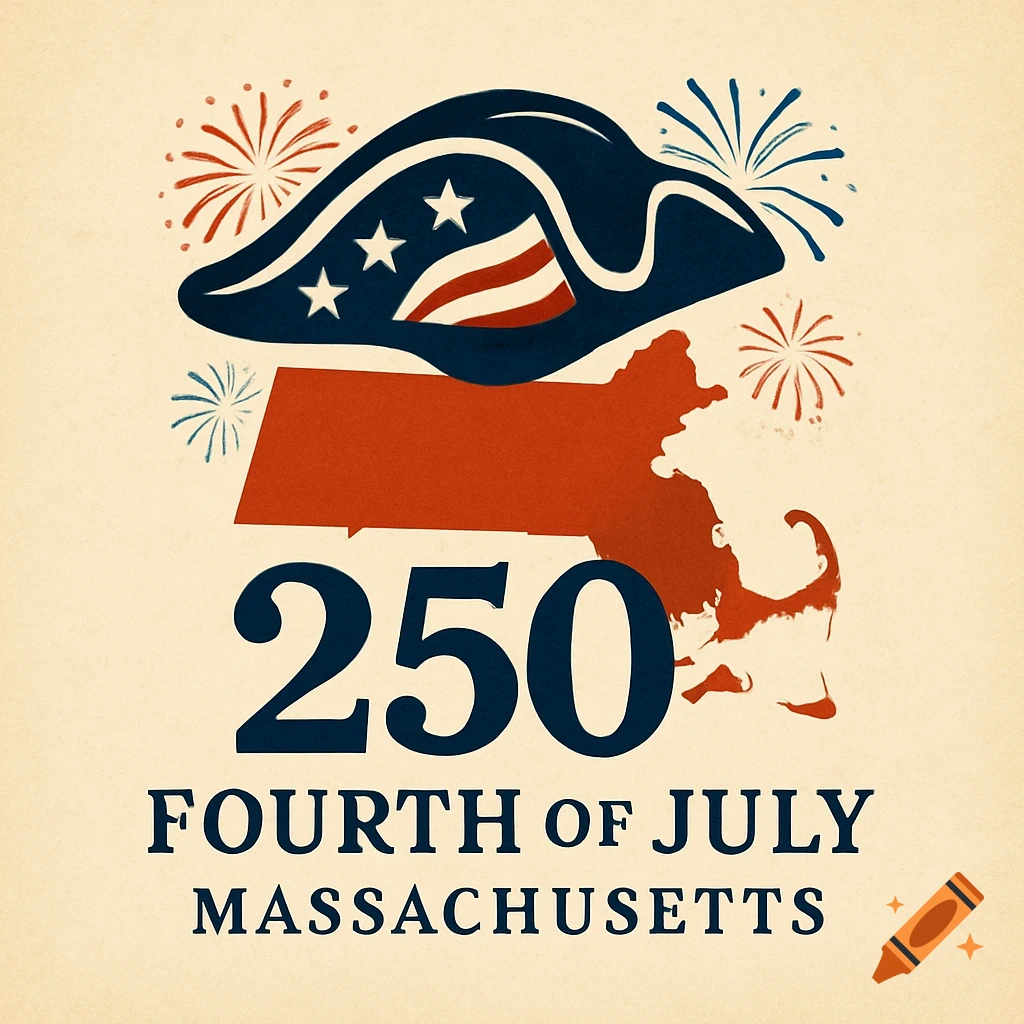 A patriotic logo for the 250th Fourth of July in Massachusetts, featuring a tricorn hat over the state's silhouette, fireworks, and text.