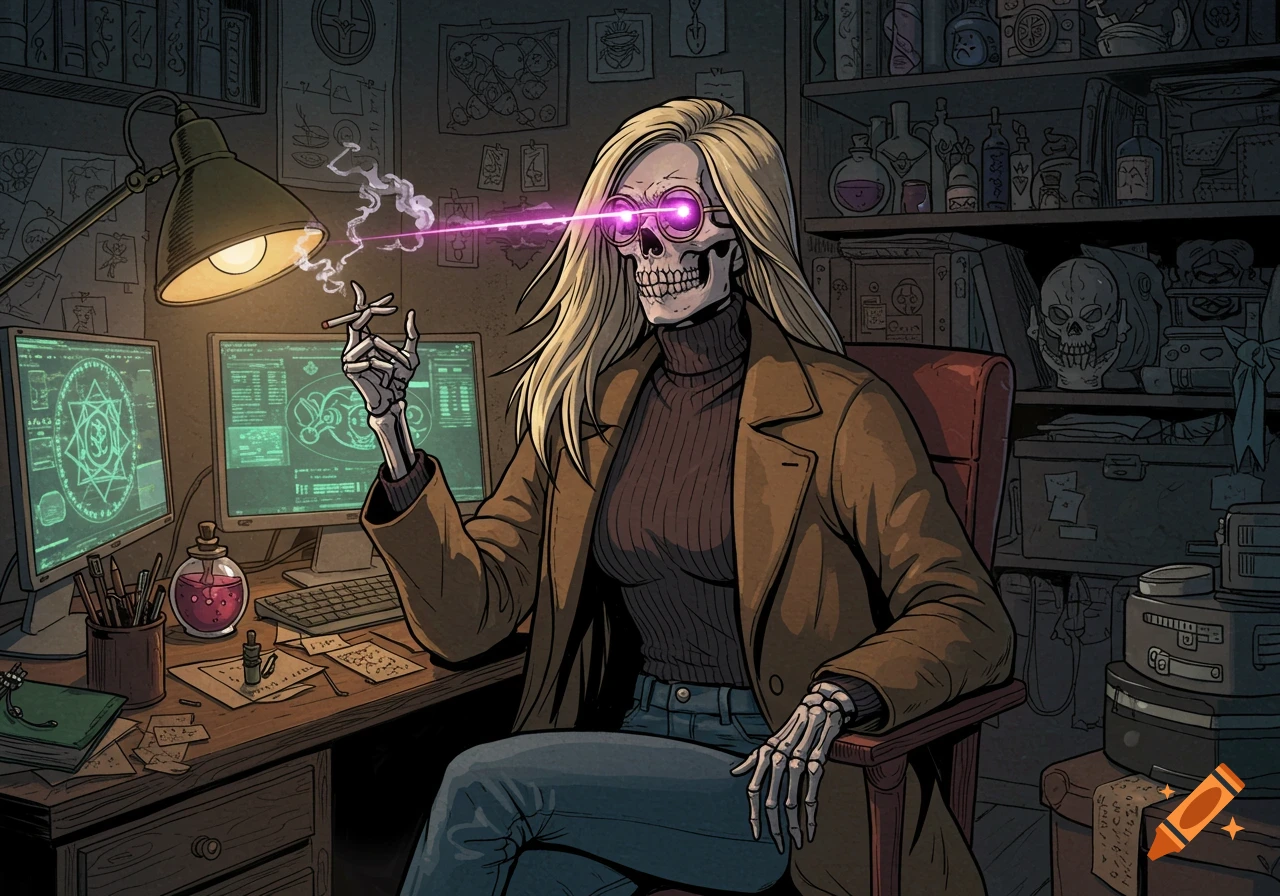 A comic book style illustration of a blonde skeleton with glowing purple eyes and glasses, smoking at a cluttered desk with computers, potions, and books.