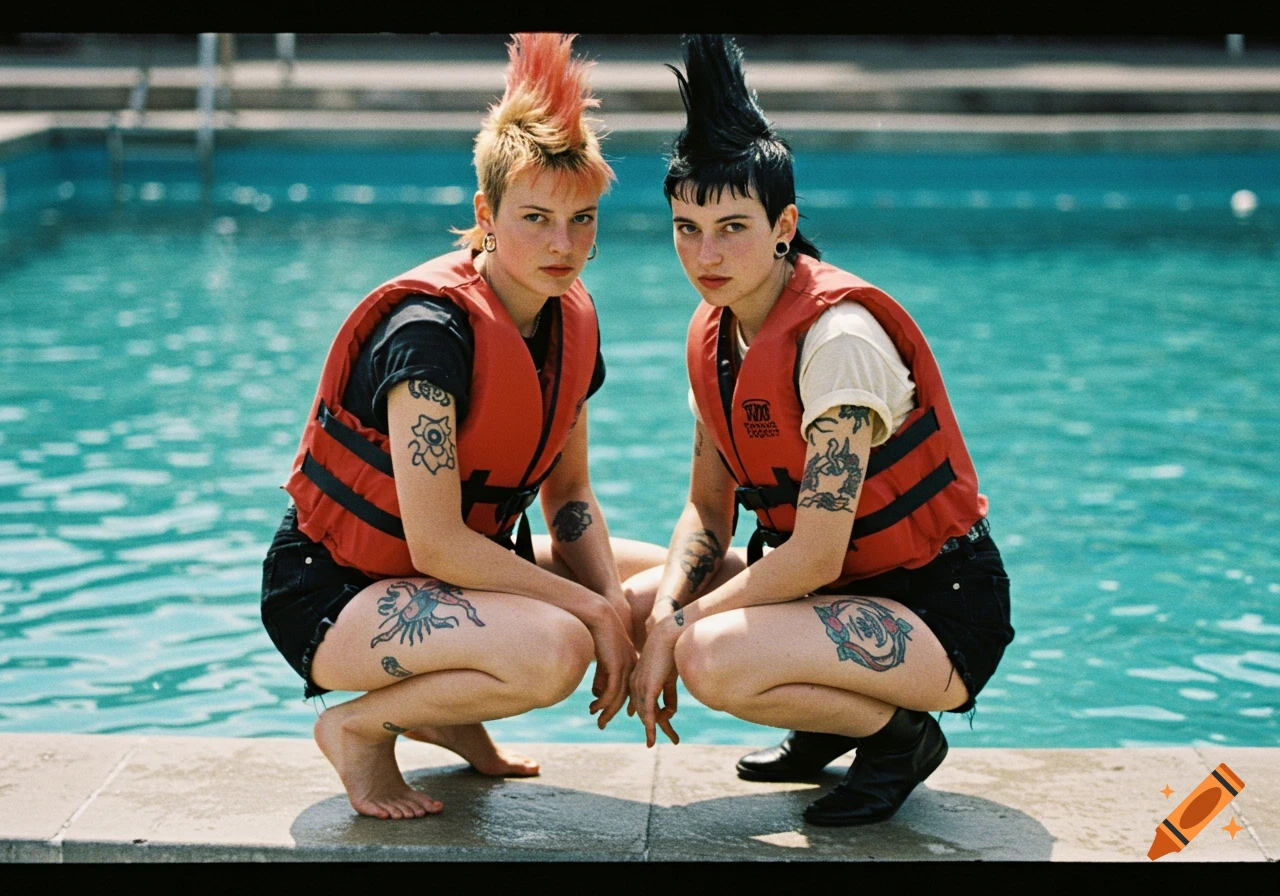 Two punk women with mohawks and tattoos squat by a swimming pool, wearing lifejackets, looking at the camera. 1990s film photography style.
