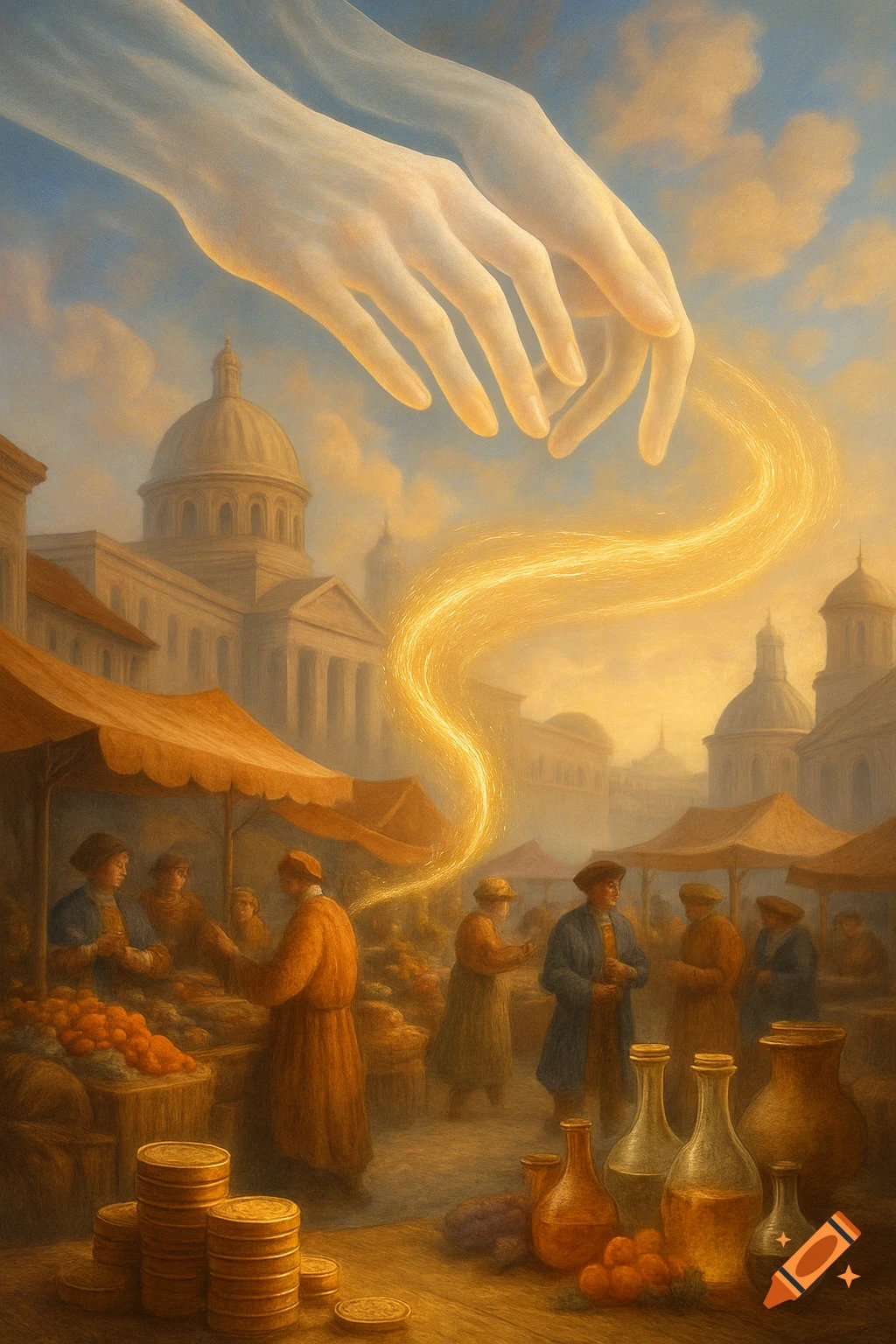 A giant, ethereal hand reaches down over a bustling, painterly marketplace, emitting a glowing, swirling light.