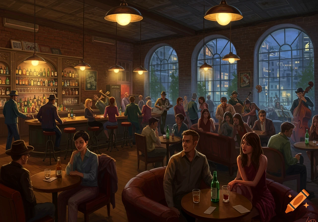 A vibrant, painterly illustration of a busy bar or jazz club with many patrons, musicians, and a warm, inviting atmosphere.