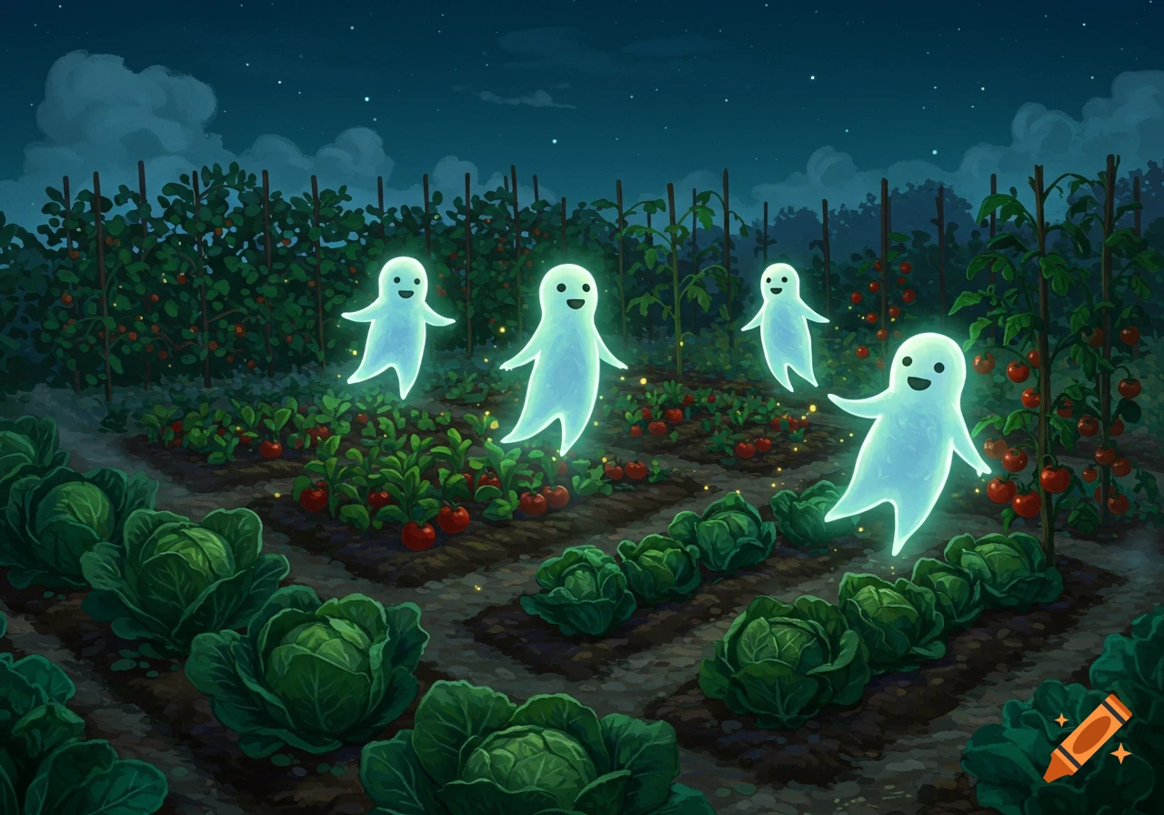 Four cute, glowing white ghosts with smiling faces float above rows of cabbage and tomato plants in a moonlit vegetable garden.