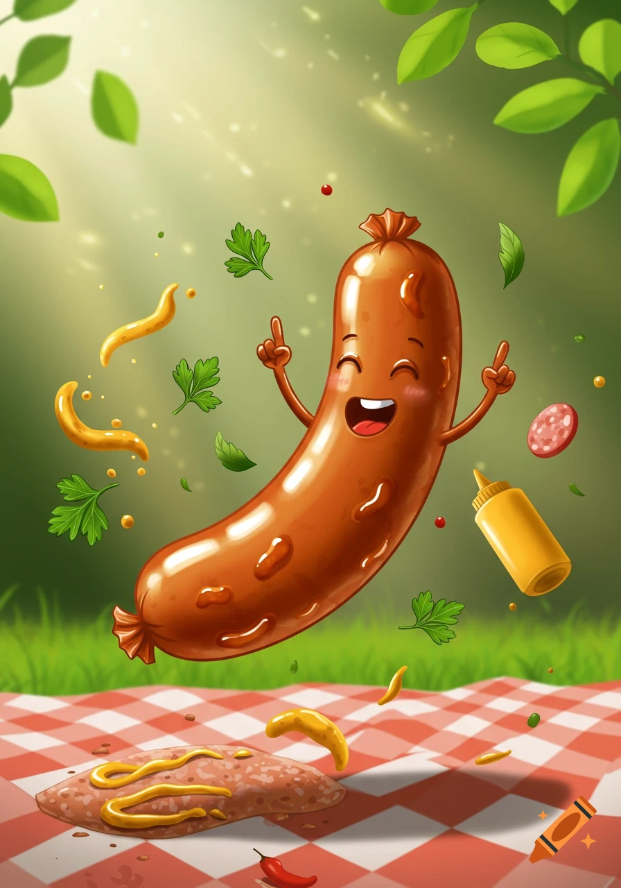 A happy cartoon sausage floats above a picnic blanket, pointing upwards, surrounded by mustard splashes, parsley, and other picnic food items.
