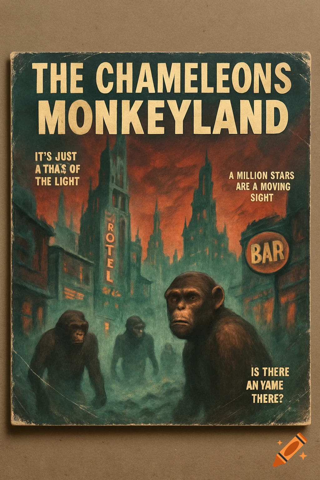 An aged, retro-style album cover depicts a decaying city with humanoid apes in fog under a crimson sky, with text and a 'BAR' sign.