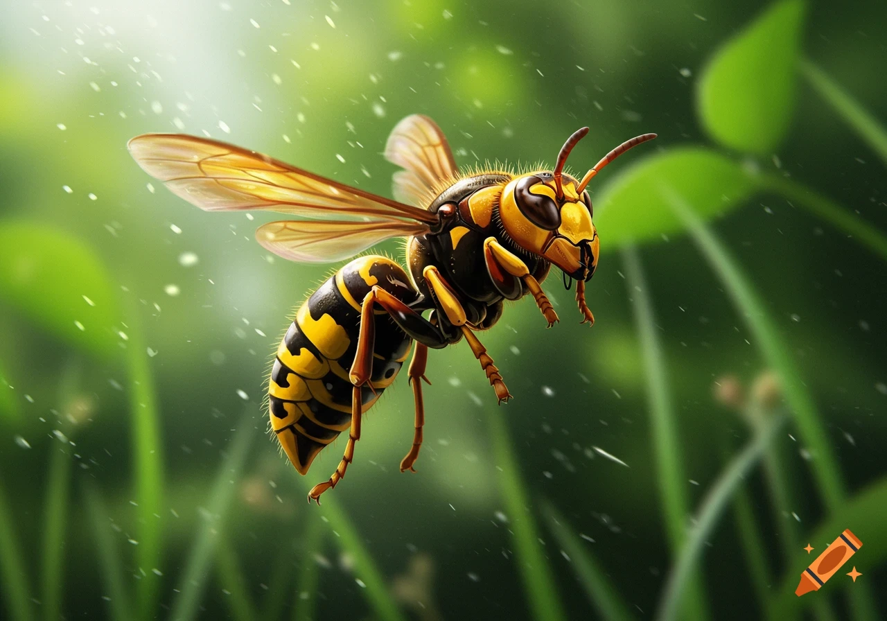 A detailed, photorealistic hornet with yellow and black stripes hovers against a blurred green background.
