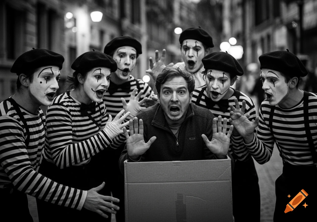 Black and white photograph of a frightened man trapped by six mimes making exaggerated shocked faces on a street.