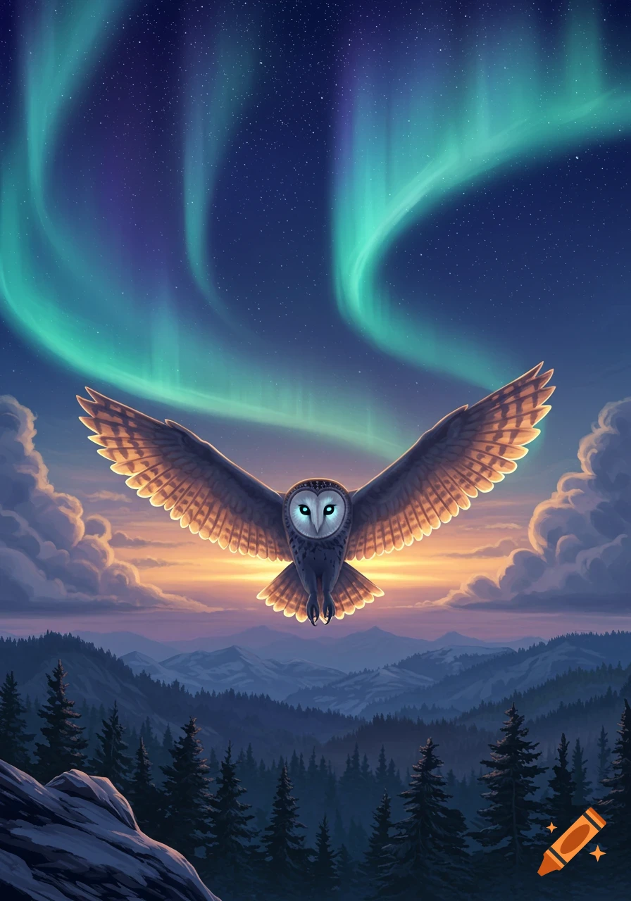 A mystical barn owl with glowing eyes flies over a mountain forest under vibrant green and blue Northern Lights and a colorful horizon.