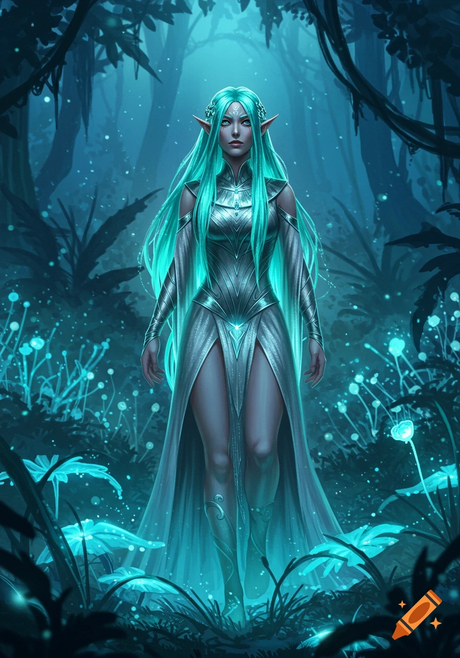 A female elf with long turquoise hair and a silver-blue dress stands in a glowing mystical forest, digital fantasy art.
