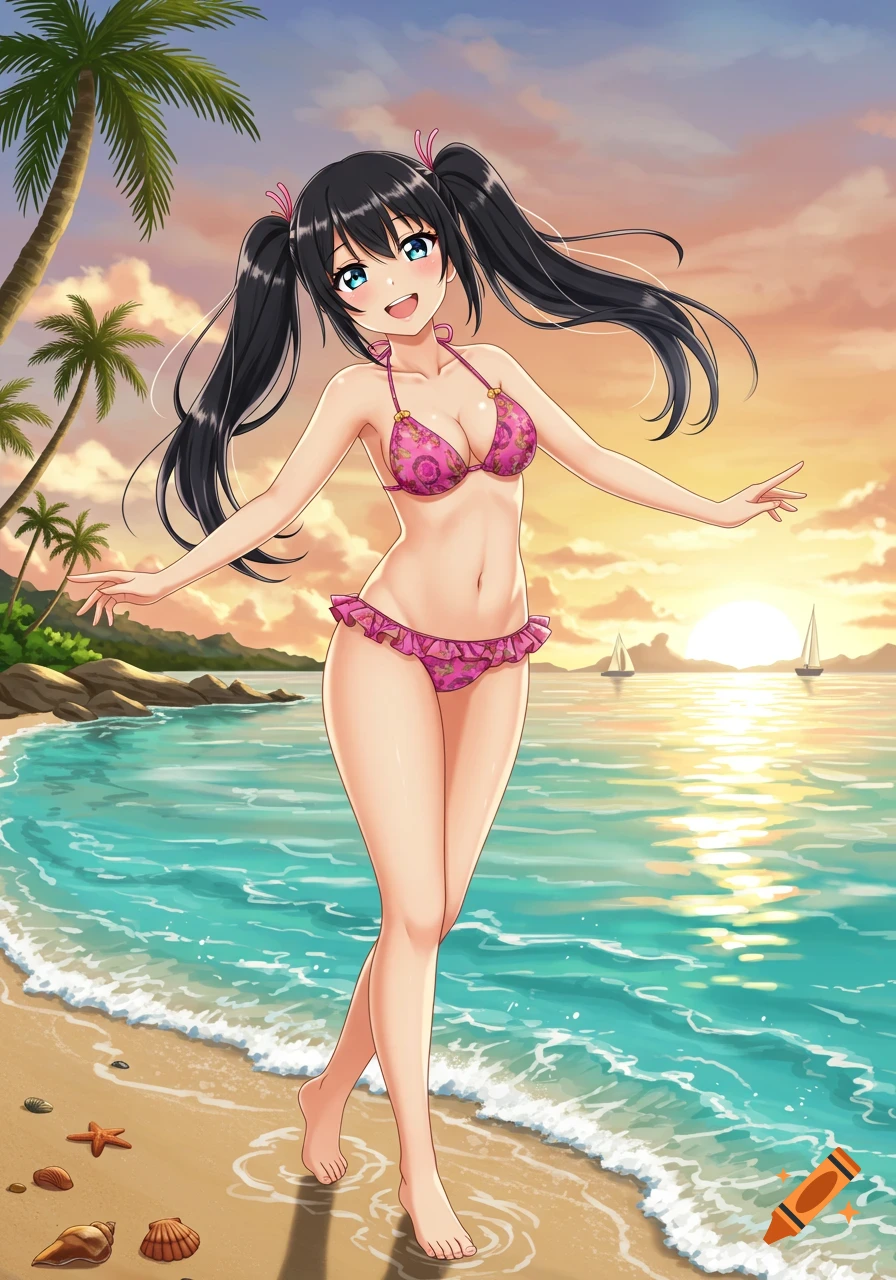 An anime girl with black pigtails in a pink bikini smiles while walking on a tropical beach at sunset.