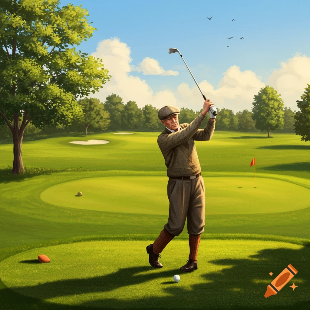 An old man in vintage golf attire swings a club on a sunny green golf course.