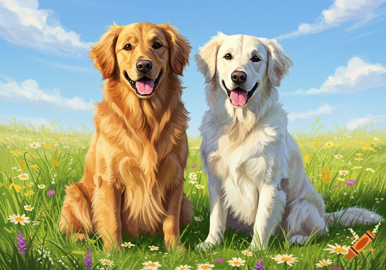 Two happy golden retrievers, one light-colored and one golden, sit in a sunny meadow filled with wildflowers.
