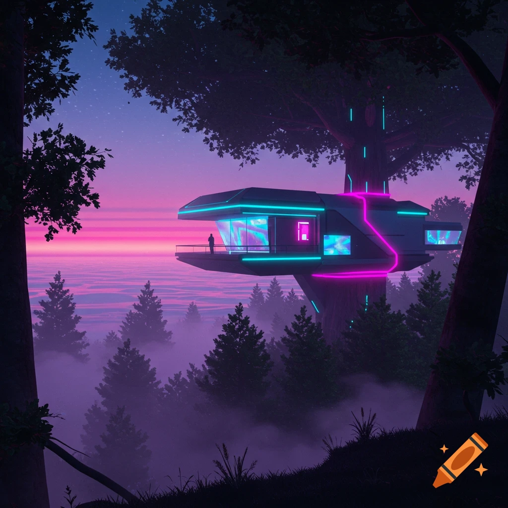 A modern, futuristic treehouse with neon pink and blue lights in a misty forest at sunset.