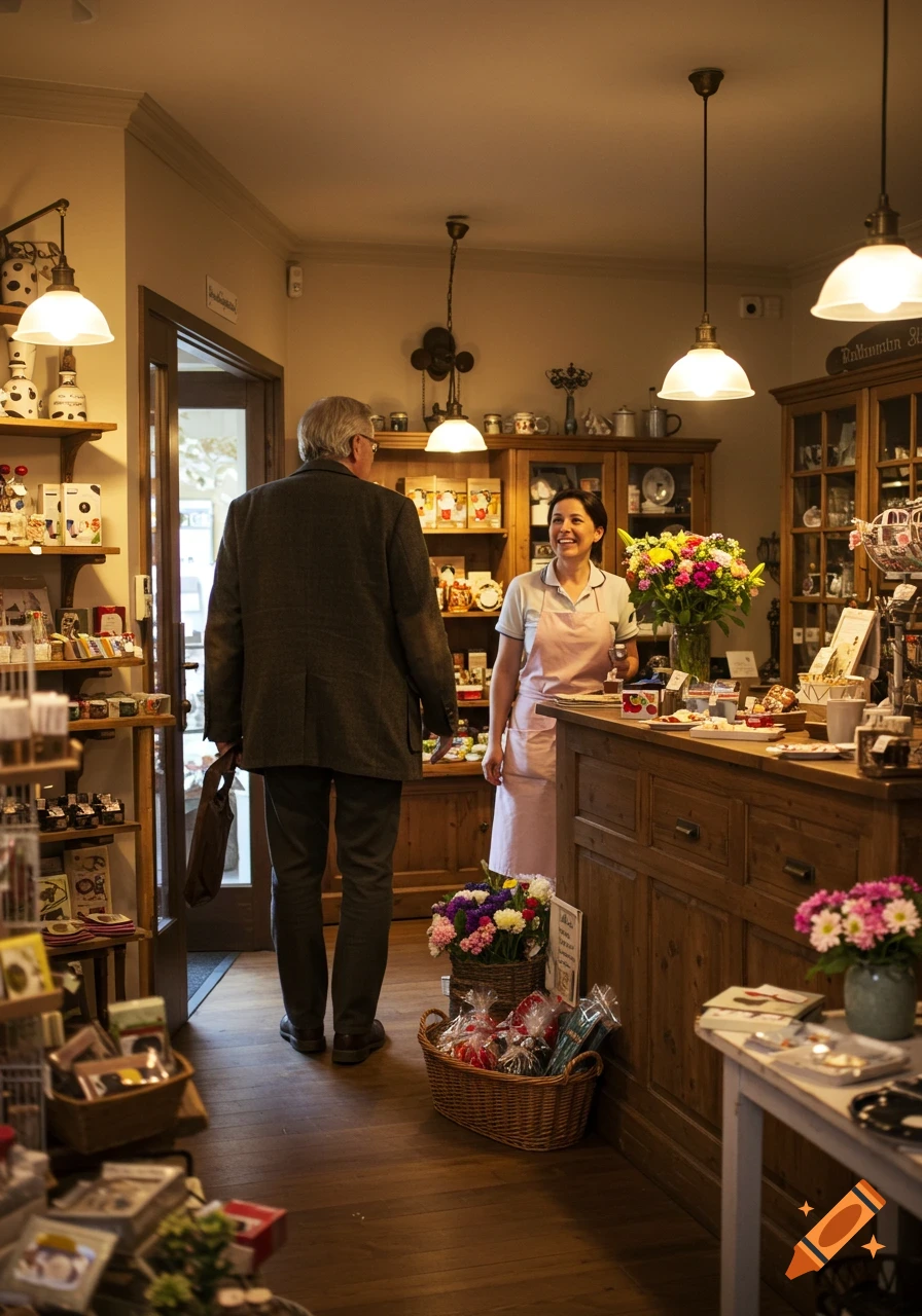 A man in a suit enters a cozy shop and is greeted by a smiling female employee in an apron behind a wooden counter filled with flowers and goods.