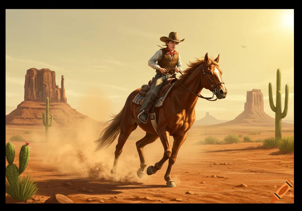 Illustration of a cowboy riding a horse through a dusty desert with mesas and cacti.