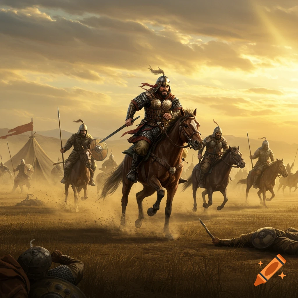 Digital painting of Hun warriors on horseback charging across a dusty field at sunset, with a fallen soldier in the foreground.