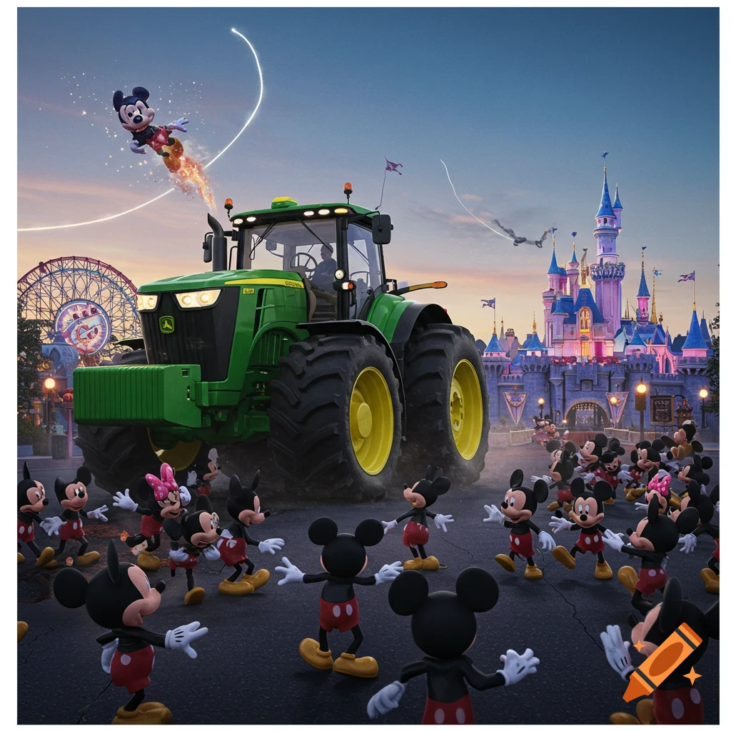 Large green John Deere tractor surrounded by Mickey Mouse characters at a Disney theme park with a flying Mickey. Photorealistic style.