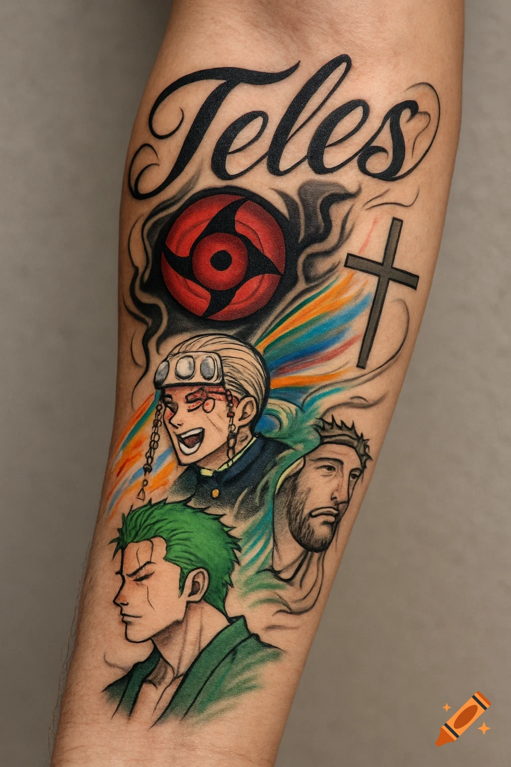 A vibrant forearm tattoo featuring the name 'Teles', a Mangekyo Sharingan, Tengen Uzui, Roronoa Zoro, and Jesus with a cross.
