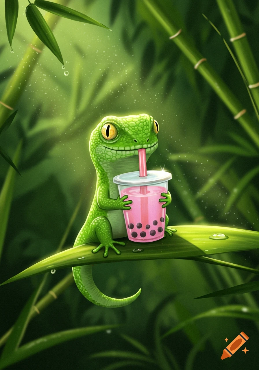 A cute green cartoon lizard sips pink boba tea through a straw while sitting on a leaf among green bamboo.