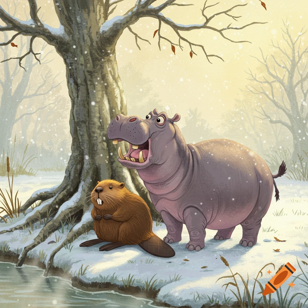 A cartoon beaver and a surprised hippo stand in a snowy forest by a stream as snow falls, in an illustration.