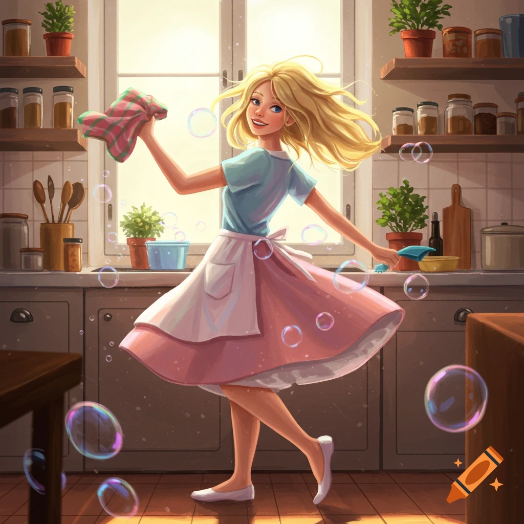 An illustrated blonde woman in a light blue top, pink skirt, and apron dances happily in a sunny kitchen, holding a towel, surrounded by bubbles.
