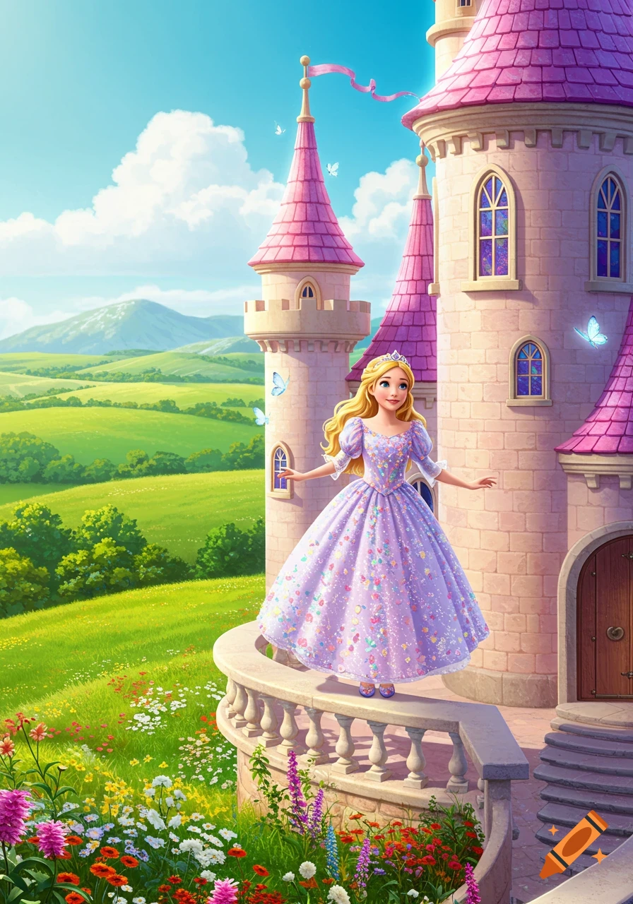 A cartoon princess in a sparkling lavender gown stands on a castle balcony overlooking a vibrant green landscape with flowers and mountains.