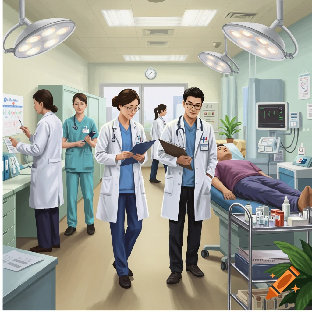 An illustration of doctors and nurses working in a bustling medical clinic with a patient on a bed and various equipment.