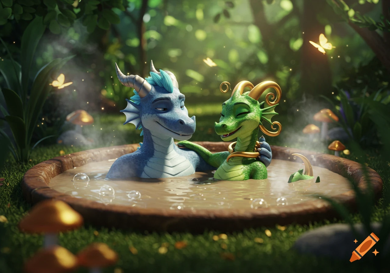 A blue and a green cartoon dragon happily relaxing in a mud hot tub in a lush forest with butterflies.