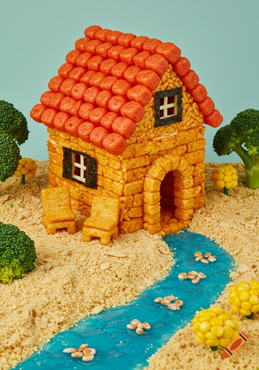 A miniature house made of food, featuring a tteokbokki roof, rice-brick walls, seaweed windows, and fish cake chairs on a ramen crumb beach with a blue syrup river and broccoli trees.
