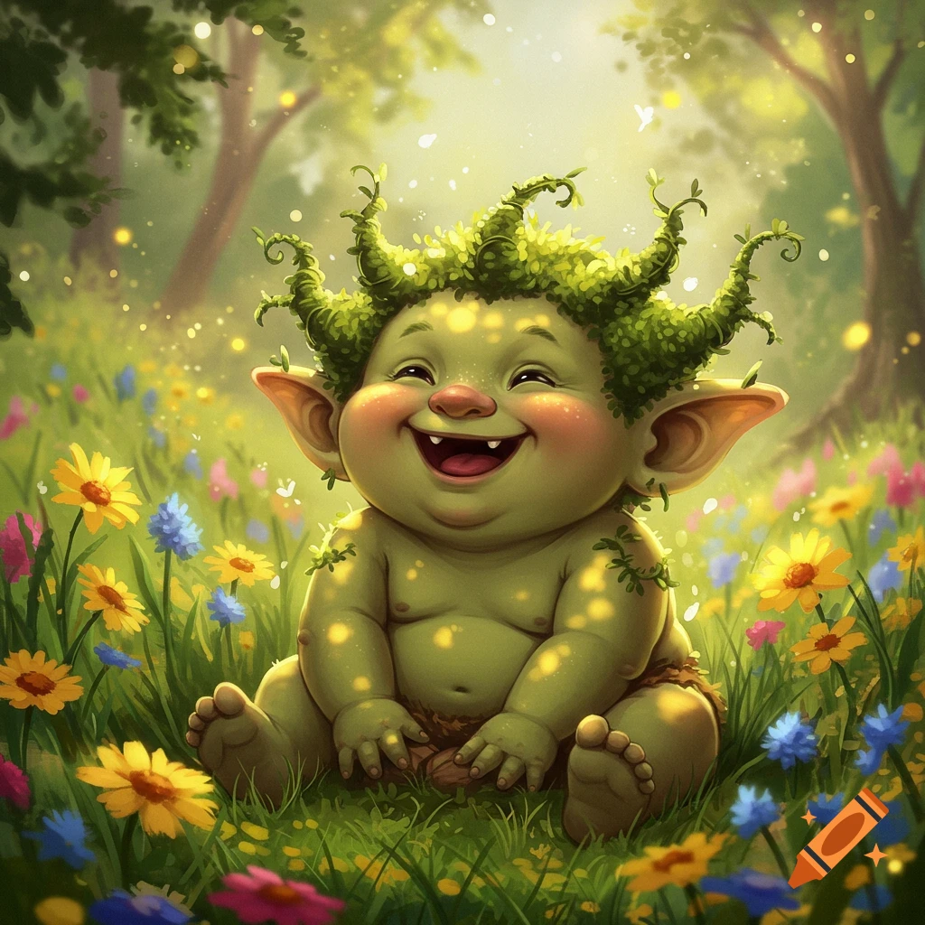 A whimsical, happy green troll baby with leafy hair sits laughing amidst colorful wildflowers and glowing dust in a sunlit forest.