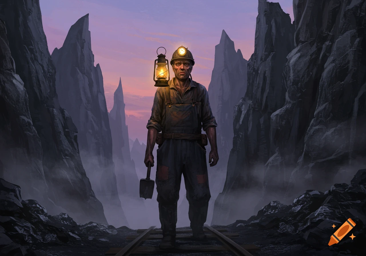 A lone, weary miner holding a shovel and lantern stands on mine tracks between jagged rock formations under a dramatic twilight sky, digital painting.