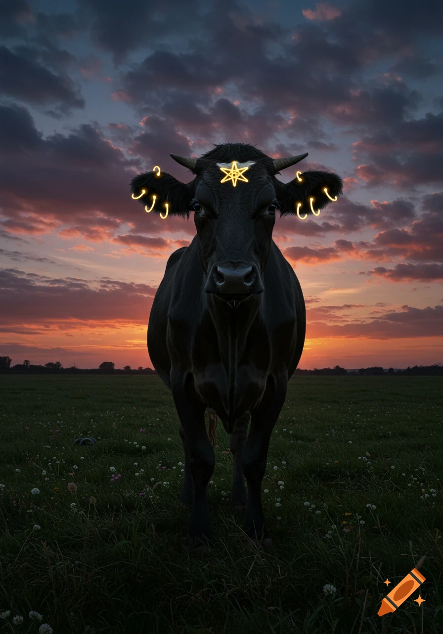 A black cow with a glowing star on its forehead and glowing hoop earrings stands in a grassy field at sunset.
