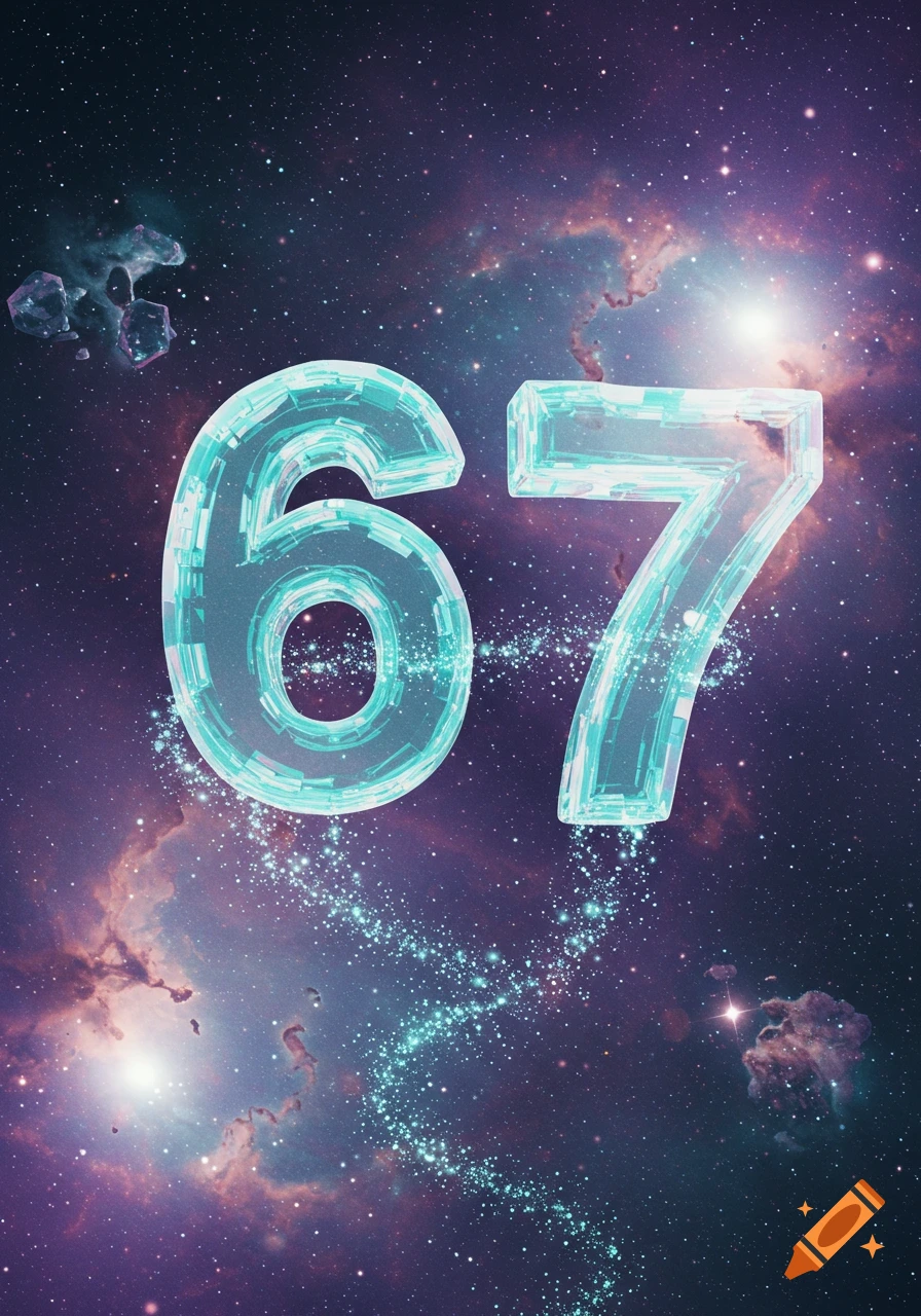 The numbers 6 and 7, rendered in a glowing, crystalline texture, float in a vibrant cosmic space with nebulae and stars.