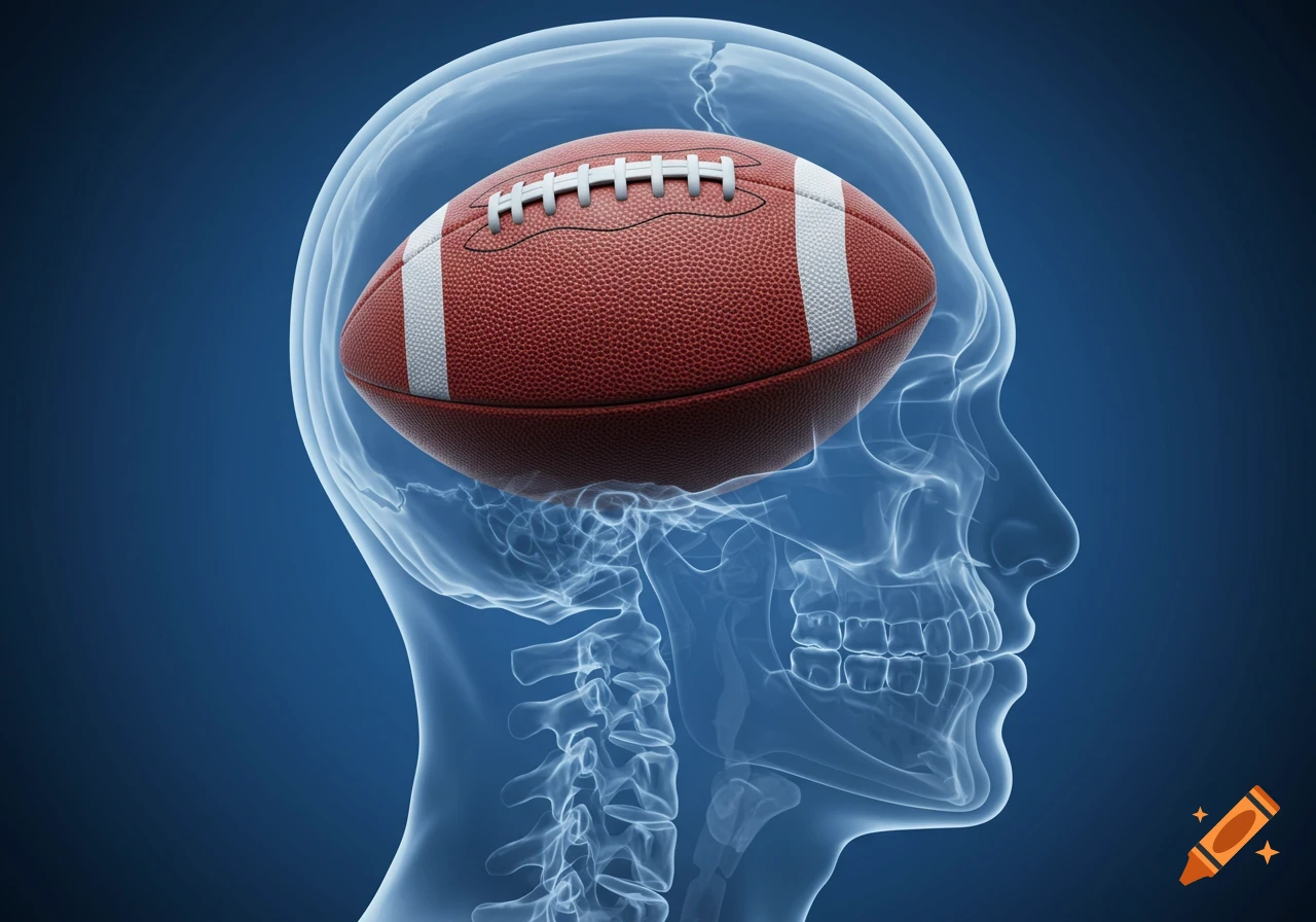 A translucent X-ray of a human head and upper spine with a football positioned inside the skull where the brain would be.