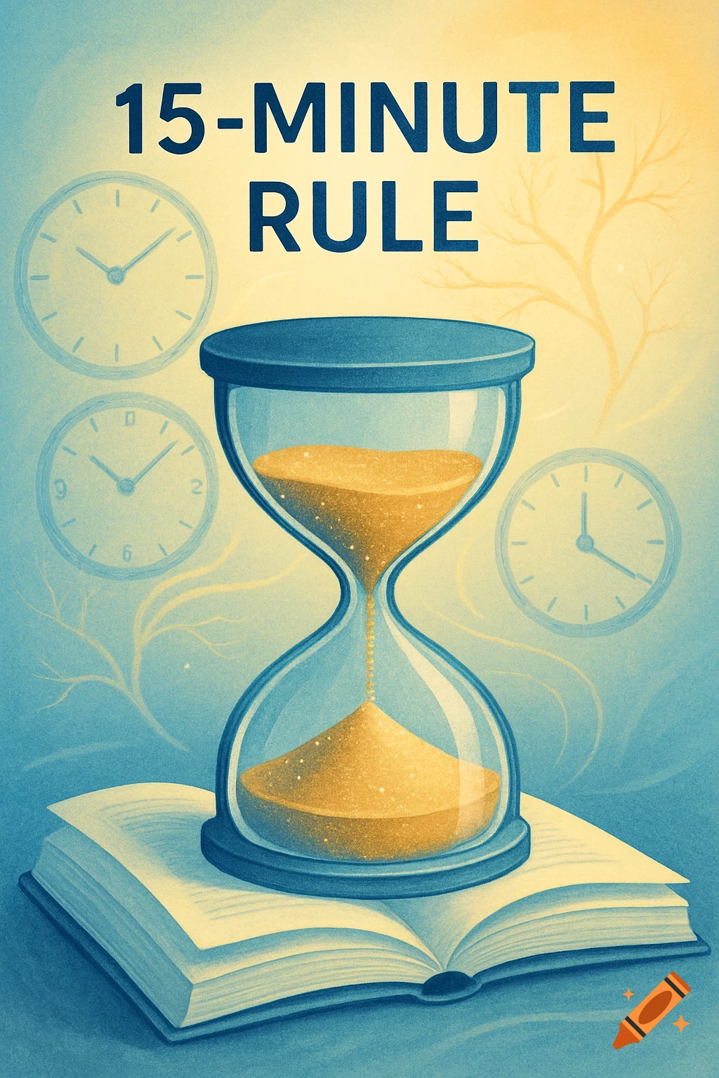 An hourglass sits on an open book, with sand flowing. Clocks and abstract branches are in the background. Text '15-MINUTE RULE' is at the top in an illustrative style.