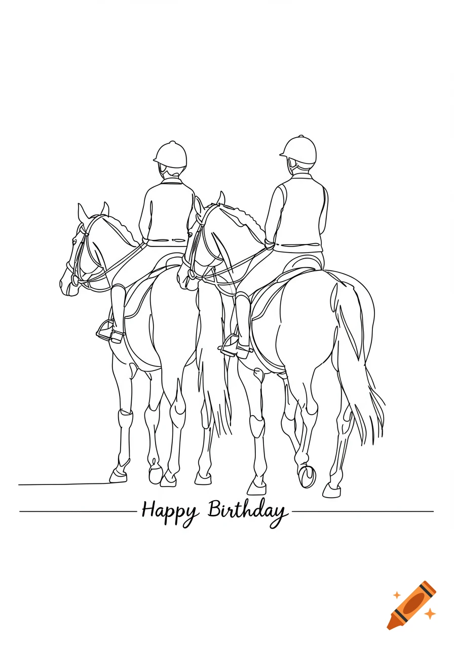 Black and white line drawing of two people riding horses side by side, with 'Happy Birthday' text below.