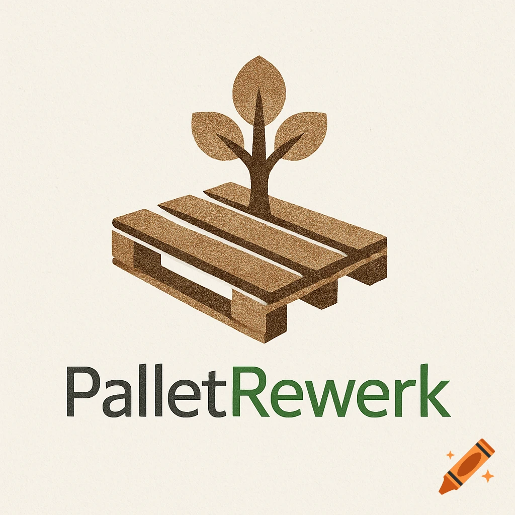 A logo for PalletRewerk features a brown wooden pallet with a small tree growing on it, against a cream background.