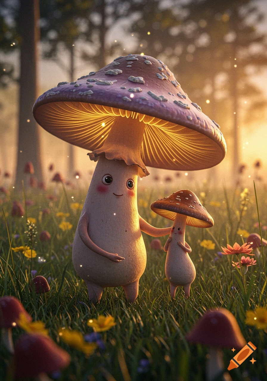 Two cute anthropomorphic mushrooms, one larger, holding hands in a magical forest clearing with golden light at sunset.