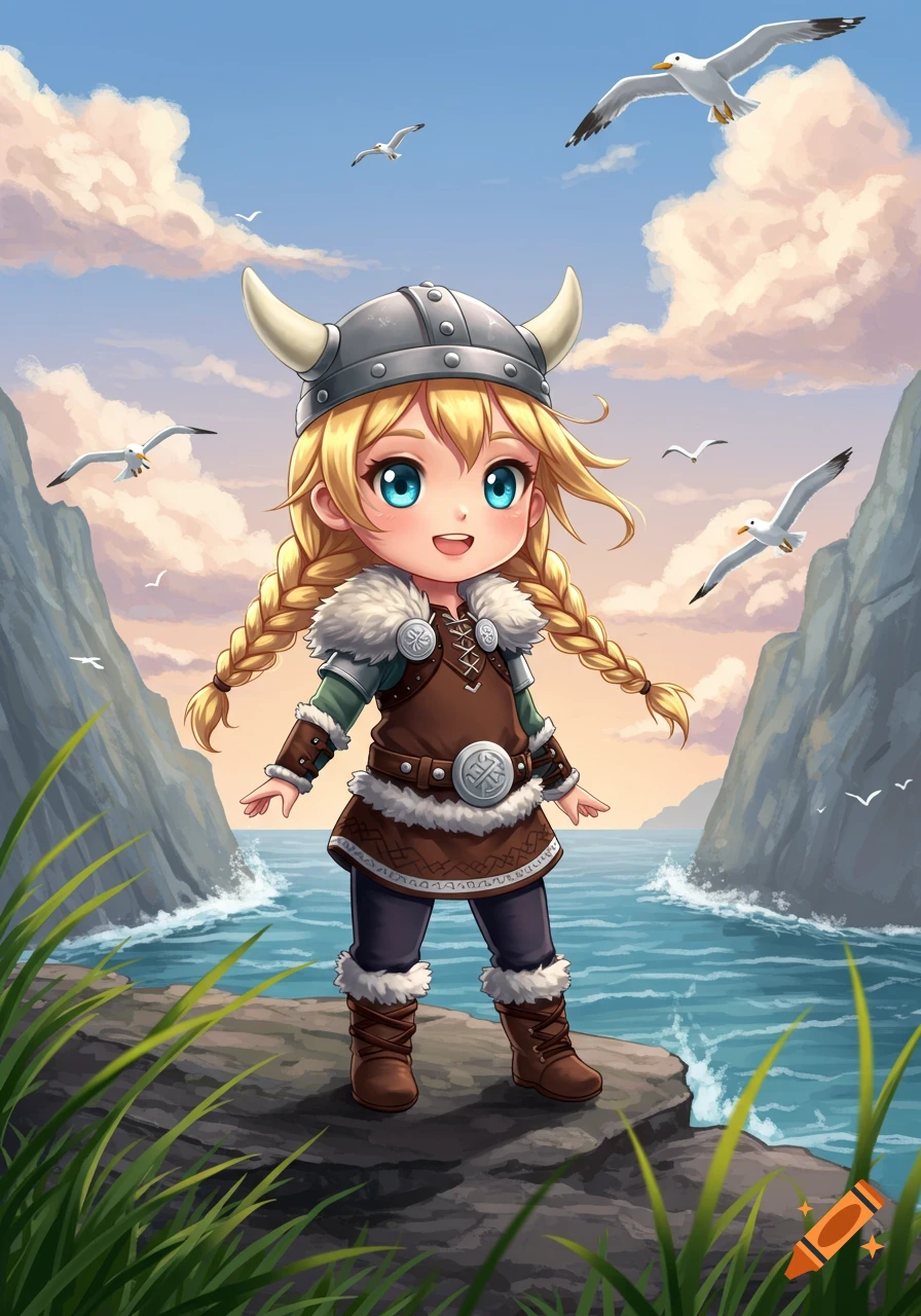 A blonde anime viking girl with braids and a horned helmet stands on a rocky cliff overlooking the ocean with seagulls and mountains.