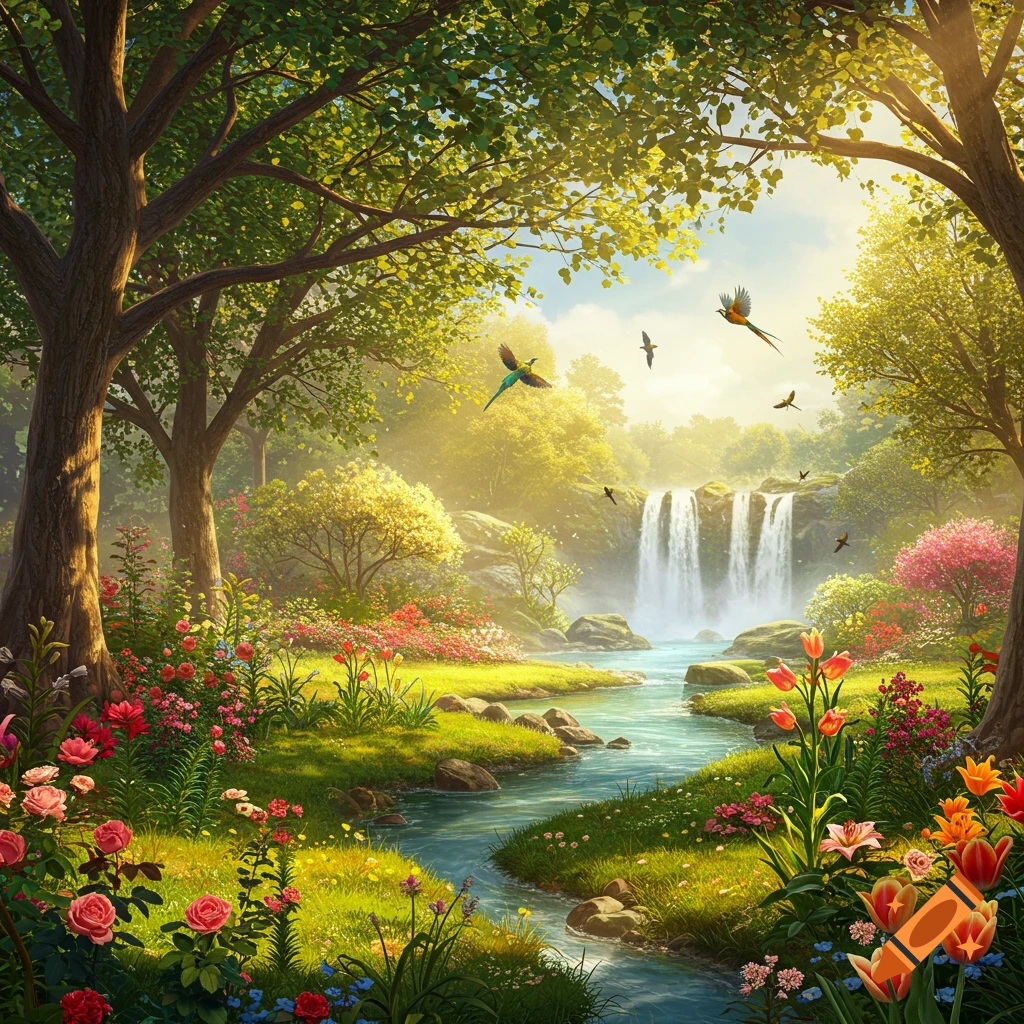 Vibrant spring landscape with a river flowing from a waterfall, surrounded by colorful flowers, tall trees, and birds under a sunny sky.