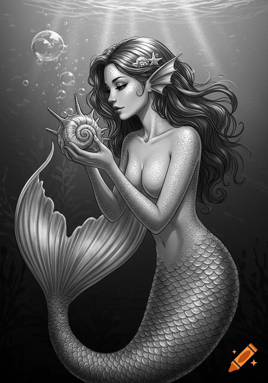 A black and white illustration of a mermaid holding a seashell underwater with bubbles floating around her.