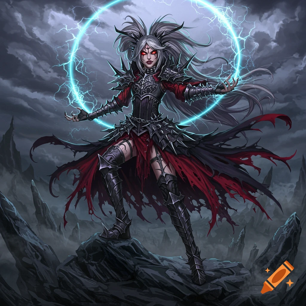 A fierce female dark fantasy character with white hair, red eyes, and spiky armor, casting blue lightning against a stormy sky.