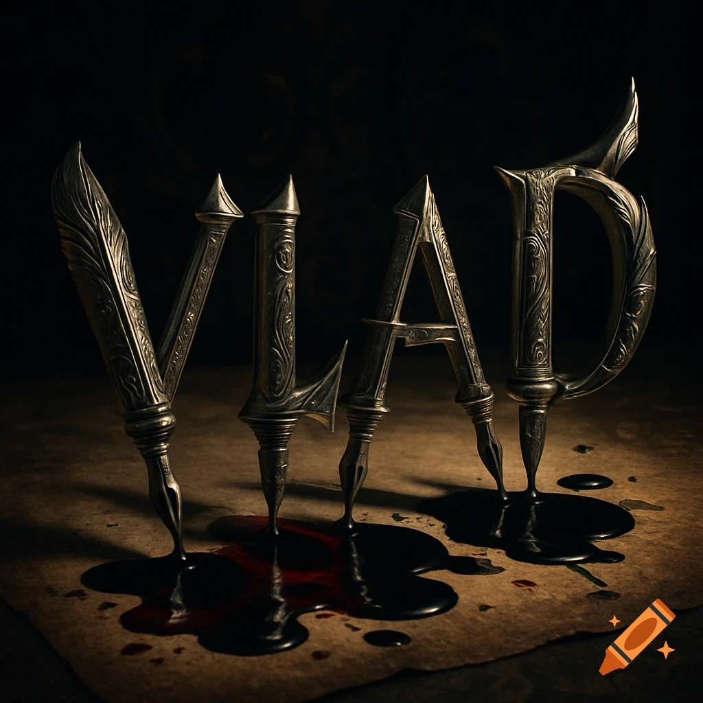 Ornate, dark metal letters spelling VLAD pierce old paper, with red and black liquid pooling underneath in a gothic style.
