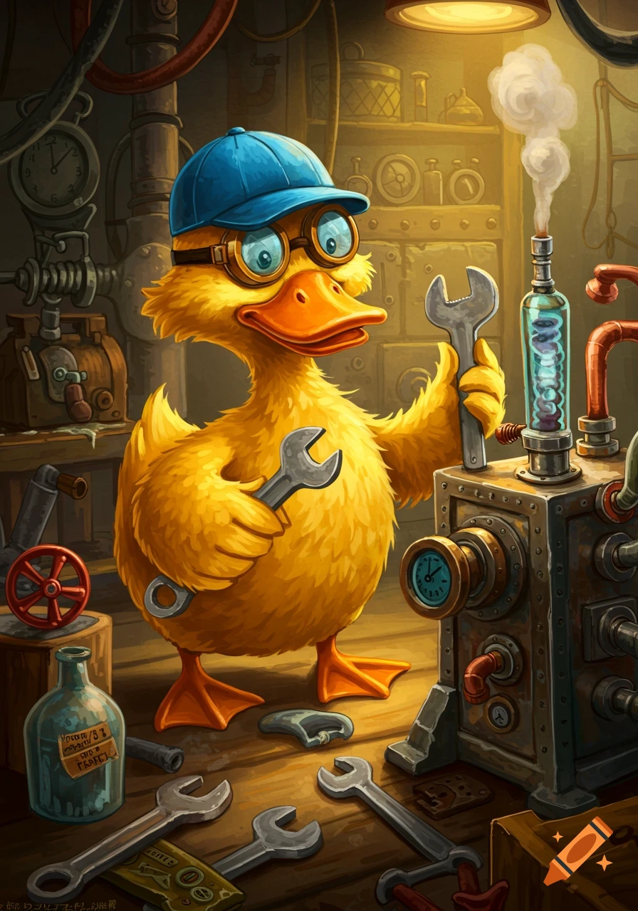 A cartoon duck engineer wearing a blue cap and goggles holds two wrenches while working on a complex, steaming mechanical contraption in a busy workshop.