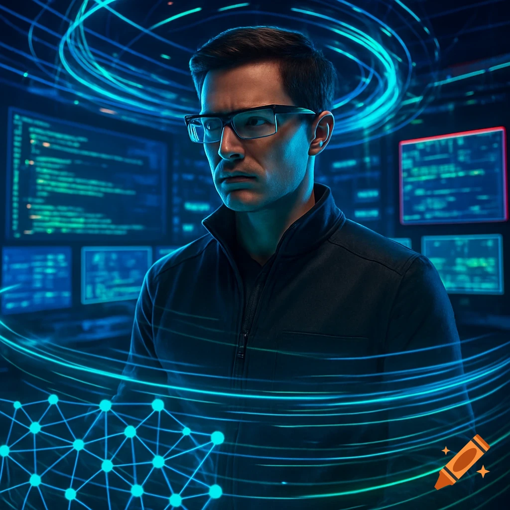 A serious man wearing glasses and a dark jacket, surrounded by glowing blue lines and computer screens in a futuristic setting.