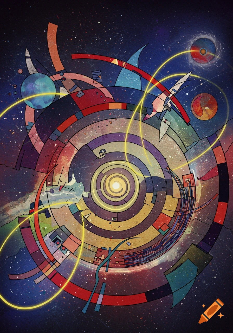 Abstract Kandinsky-style artwork featuring concentric circles, geometric shapes, and yellow arcs against a starry cosmic background.